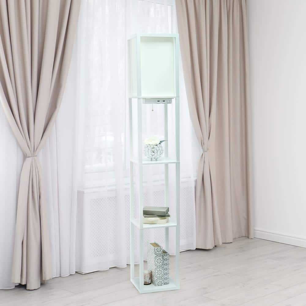White Wood Floor Lamp with Shelves and Linen Shade