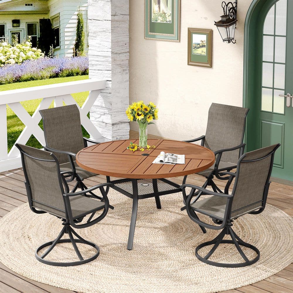 5-Piece Metal Outdoor Dining Set with 40.6 Walnut Round Table and 4 Brown Swivel Dining Chairs