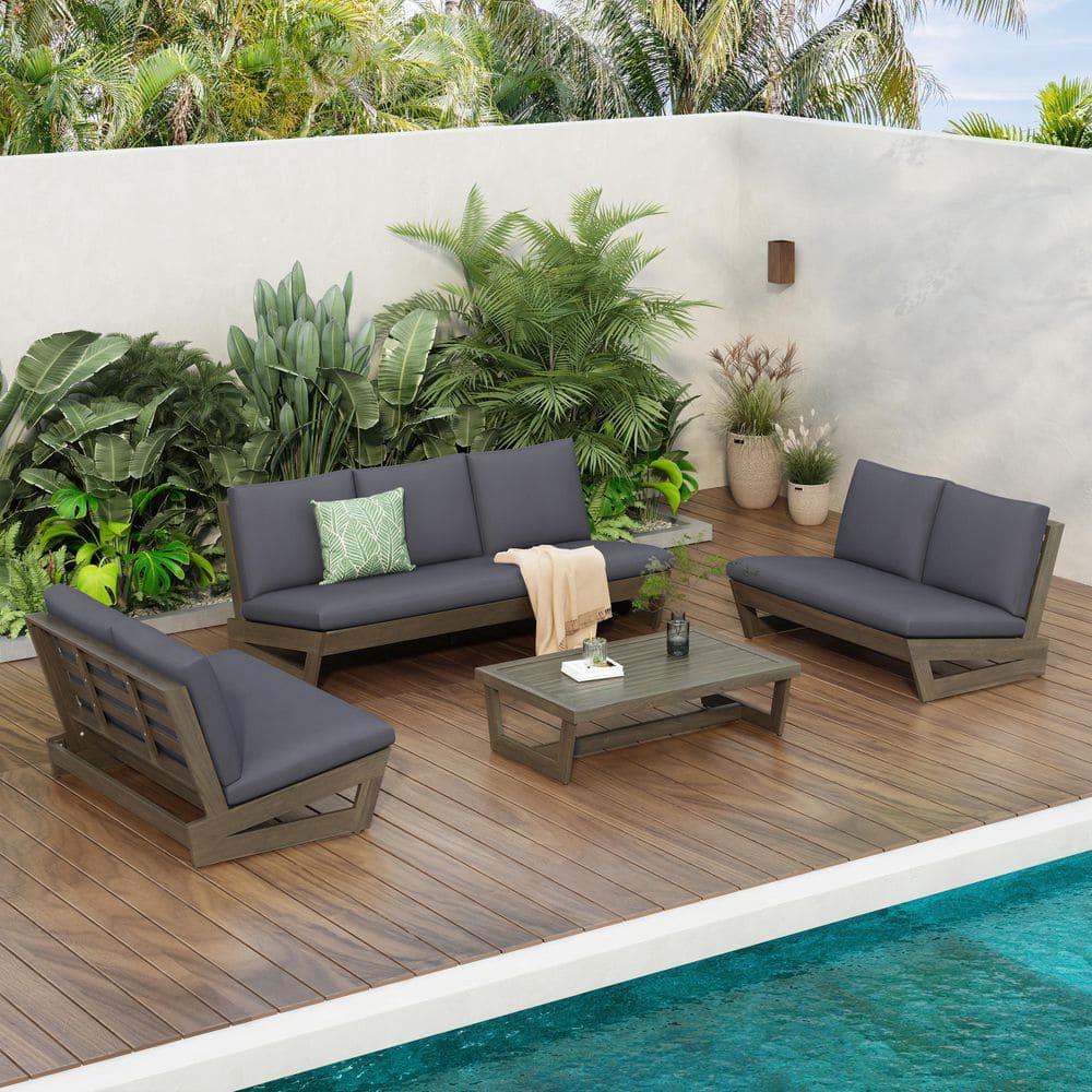 Dowd Rustic Outdoor Gray Finish Solid Wood Patio Conversation Set with Dark Gray Cushions, Coffee Table
