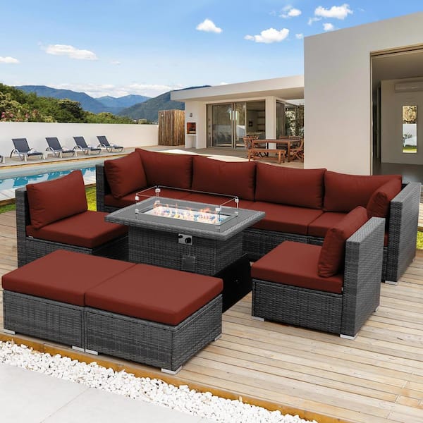 NICESOUL Backyard 9-Piece Patio Gray Rattan Deep Seating Sectional Sofa Set with Fire Pit Table Burgundy Cushions and Ottomans