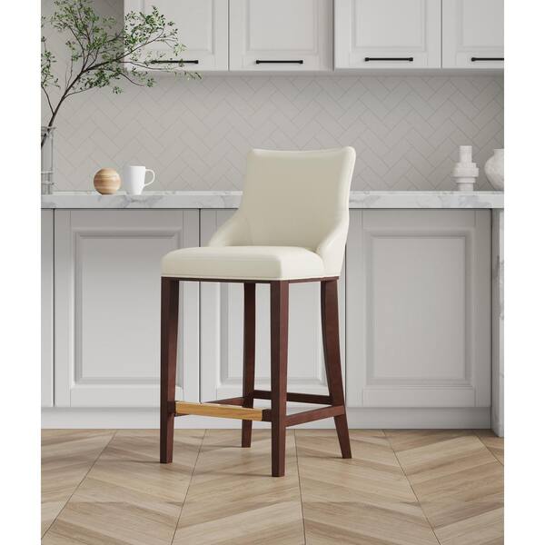 Manhattan Comfort Shubert 29.13 in. Ivory Beech Wood Bar Stool with Leatherette Upholstered Seat