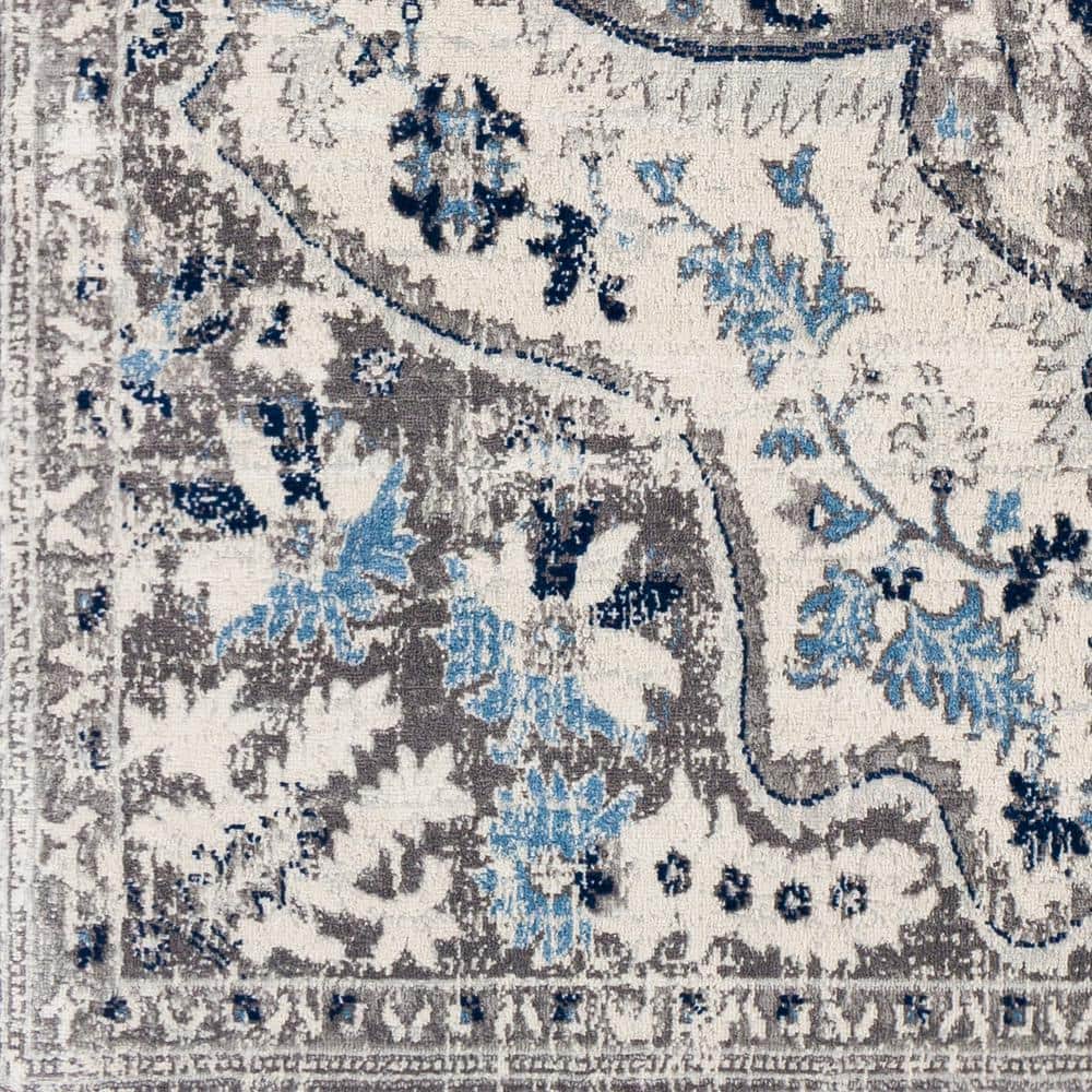 Gray and Blue Vintage Medallion Low Pile Area Rug