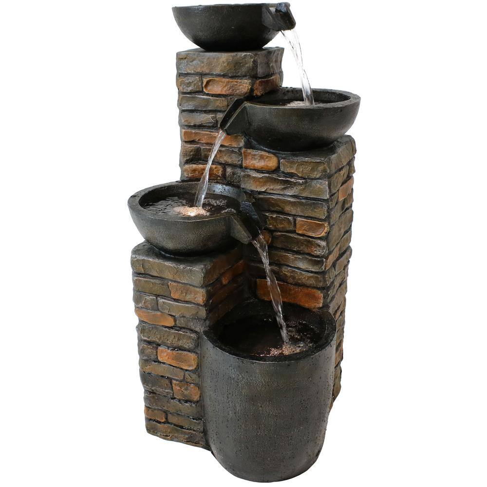 Sunnydaze 34 in. Staggered Bowls Tiered Outdoor Water Fountain with LED ...