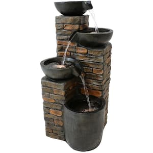 34 in. Staggered Bowls Tiered Outdoor Water Fountain with LED Lights