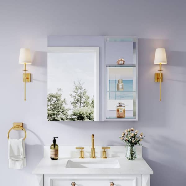 32 in. W x 30 in. H Rectangular Polished Aluminum Tri-View Soft Close Medicine Cabinet with Mirror Combo Set, Reversible