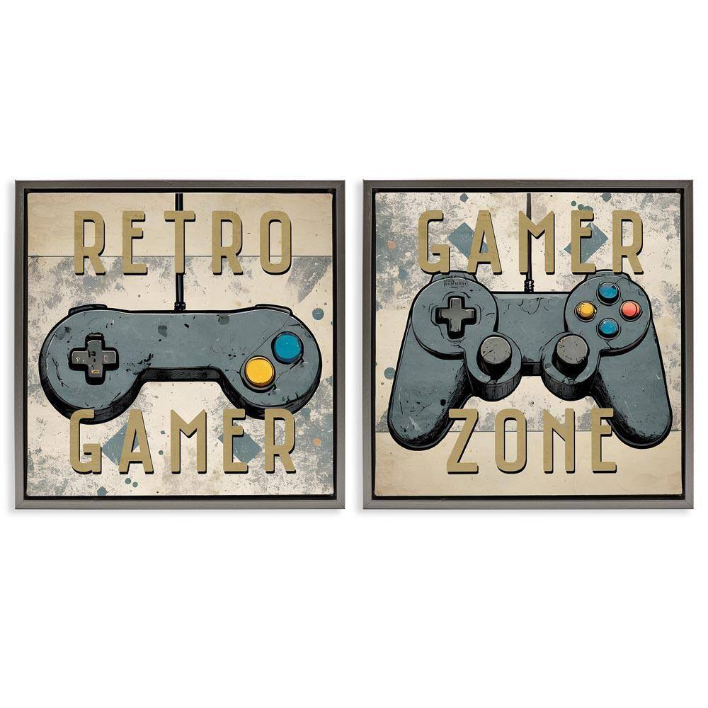 Retro Gamer Controllers by Kim Allen 2-Pieces Gray Floater Frame Typography Graphic Art Print 18 in. x 18 in.