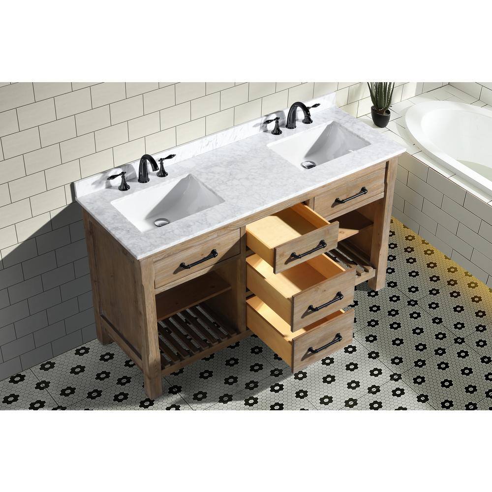 Weathered Fir Solid Wood 60" Double Sink Bathroom Vanity with Carrara Marble Top