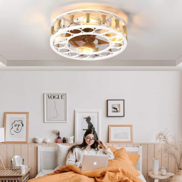 Sunpez 19.7 in. W 4-Lights Indoor White Caged Ceiling Fan w/Light Remote Control Flush Mount Fan for Dining Room, 5 Bulbs, E26