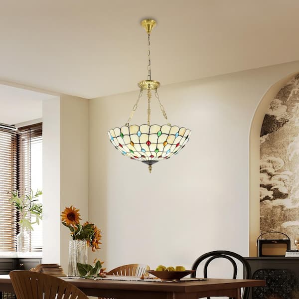 OUKANING 20.5 in. 5-Light Retro Stained Glass Shade Semi-Flush