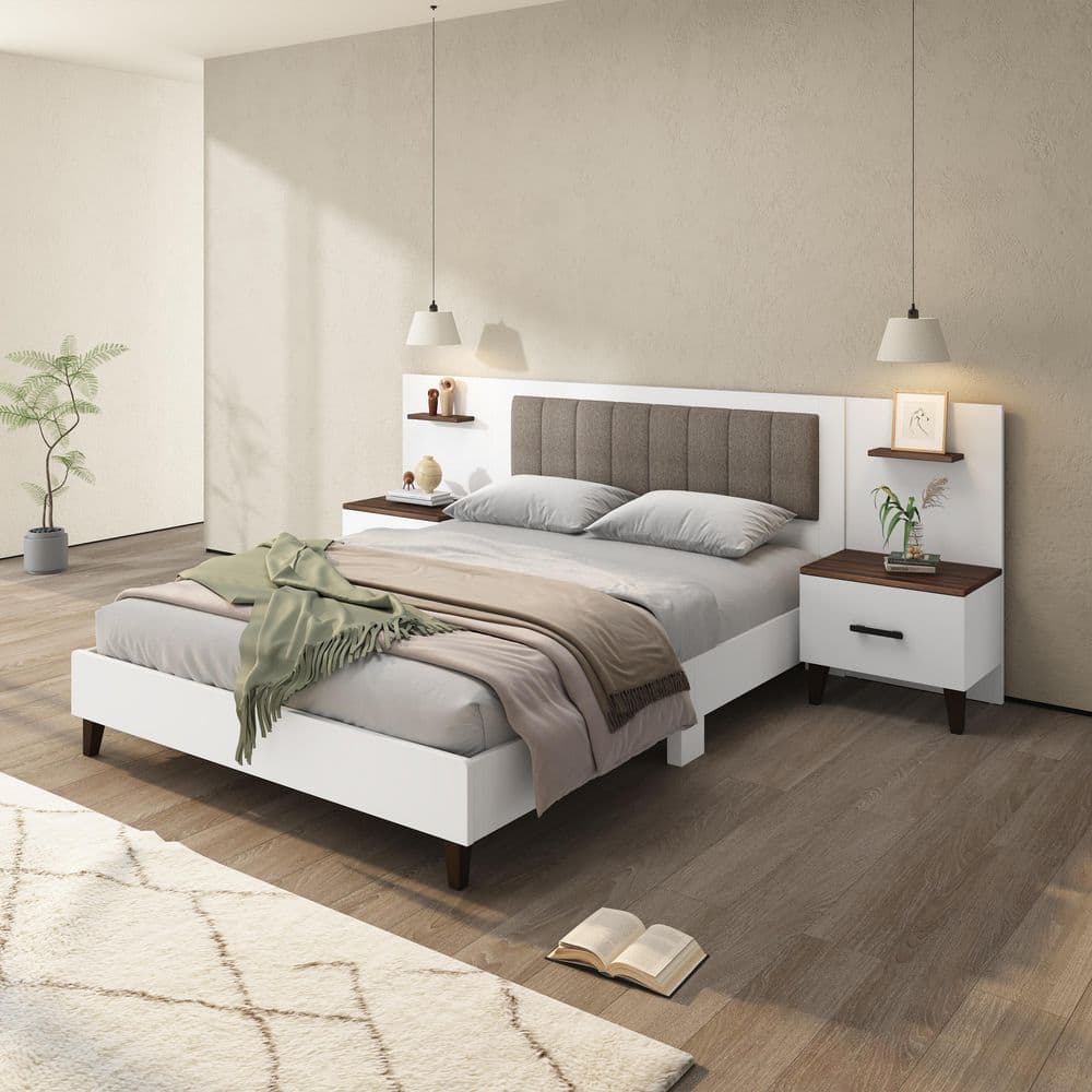 Lopez Contemporary Brown and White Wood Frame King Size Platform Bed with Tufted Upholstery Headboard, 2-Nightstands