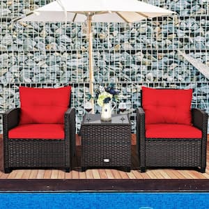 3-Piece Wicker Rattan Patio Conversation Set with Red Washable Cushion