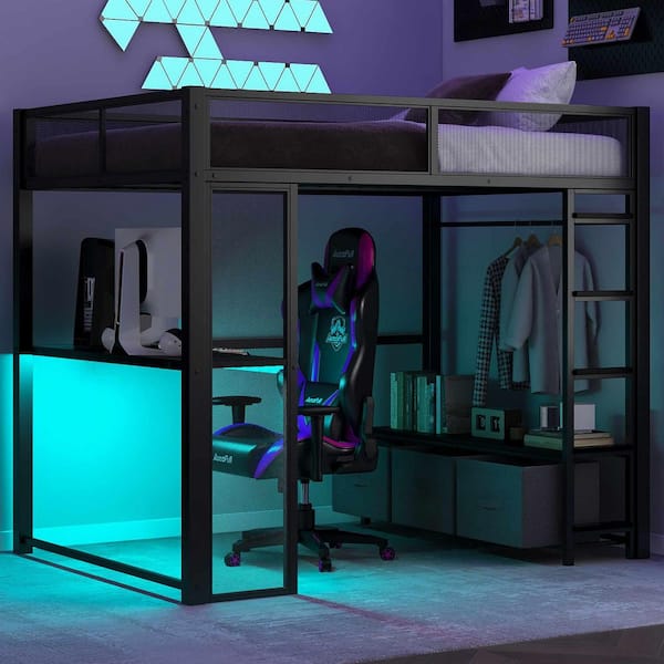 Black Full Size Wood Loft Bed with LED, Desk, Open Wardrobe and 3 Linen Storage Drawers