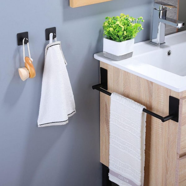 Taozun Towel Bar - Towel Holder with 2 Packs Adhesive Hooks Black 16-inch Hand Towel Rack Towel Hook Stick On Wall, Stainless Steel Bathroom