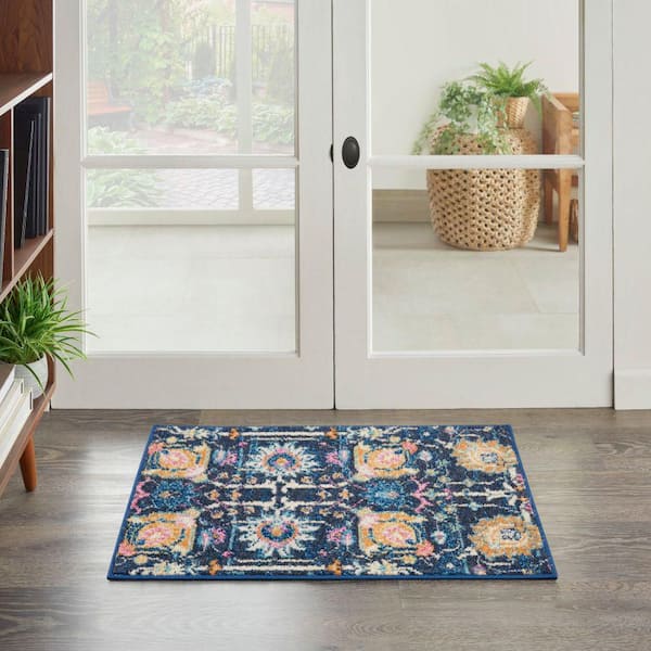 Passion Navy doormat 2 ft. x 3 ft. Floral Transitional Kitchen Area Rug