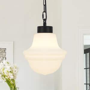 Myrtis 8.26 in. 1-Light Black Schoolhouse Metal Pendant Light with Frosted Opal Glass Shade Adjustable Pendant