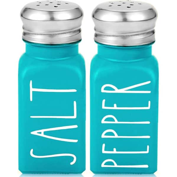 2-Piece Glass Salt Pepper Shakers with Stainless Steel Lids in Teal/Turquoise