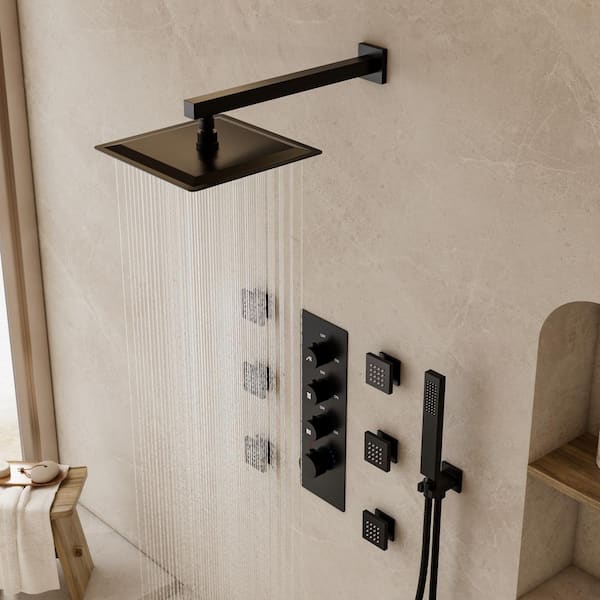Thermostatic 7-Spray 12 in. Wall Mount Dual Shower Head and Handheld Shower in Matte Black (Valve Included)