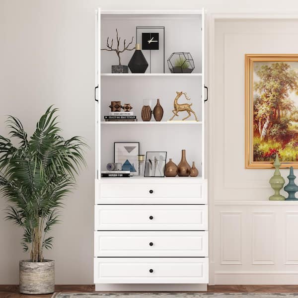 FUFU&GAGA 141.7 in. Luxurious Wall Wide White Wooden 30 Shelves Accent  Bookcase with Tempered Glass Door & 2 Drawers LBB-KF020319,20,21 - The Home  Depot