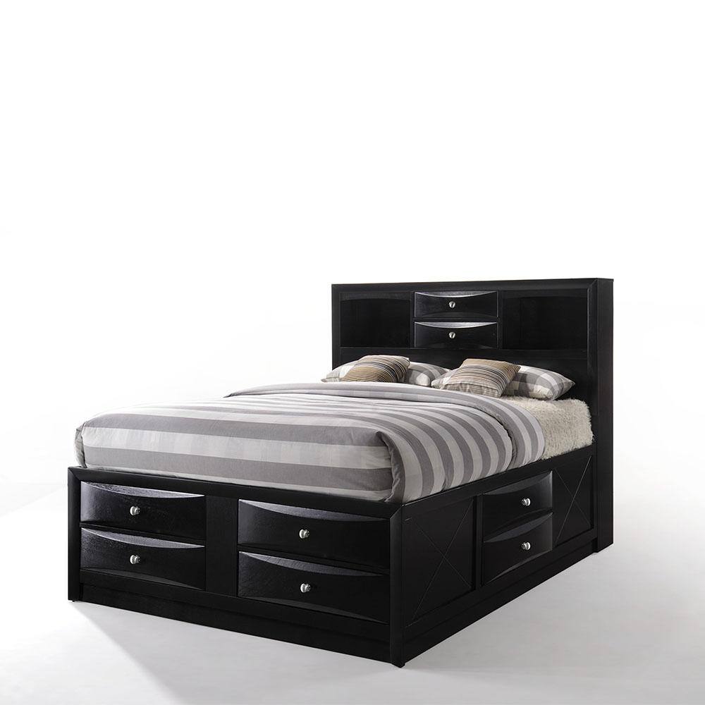 Transitional Black Queen Storage Bed with Nickel Accents and Bookcase Headboard
