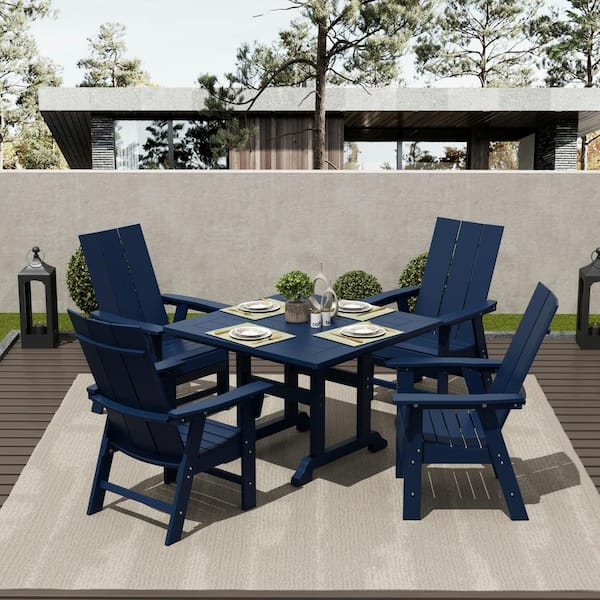 Shoreside Outdoor Patio Fade Resistant HDPE Plastic Adirondack Style Dining Chair with Arms in Navy Blue