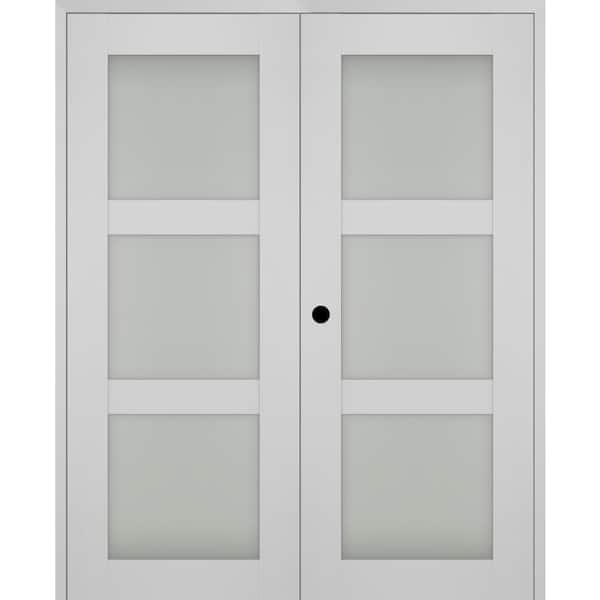 Smart Pro 36 in. x 96 in. Right Hand Active 3-Lite Frosted Glass Polar White Wood Composite Double Prehung French Door