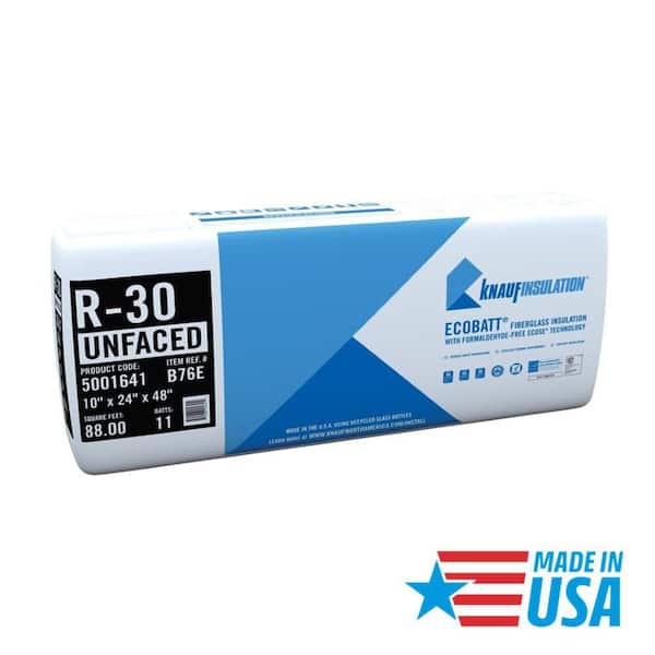 Knauf Insulation R30 Unfaced 24 in. x 48 in. Precut Fiberglass Insulation Batts for Attic, Ceiling - Class A Fire-Rated, USA Made (1-Bag)