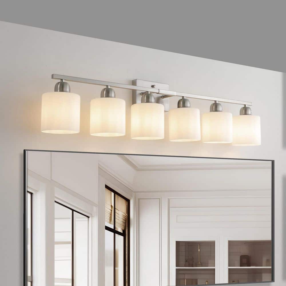 38 in. 6 Light Nickel Bathroom Vanity Light with Milky White Frosted Glass Shades Modern Wall Sconce E26, No Bulbs price history on PriceWatchPro