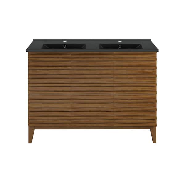 Swiss Madison Cascade 48 in. Double Basin Bathroom Vanity in Brown Oak with Black Ceramic Sink Top