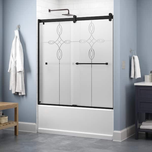 Delta Lyndall Contemporary 50-1/8 to 58-1/2 in. W x 58-3/4 in. H Frameless Sliding Tub Door, Matte Black, Tranquility Glass