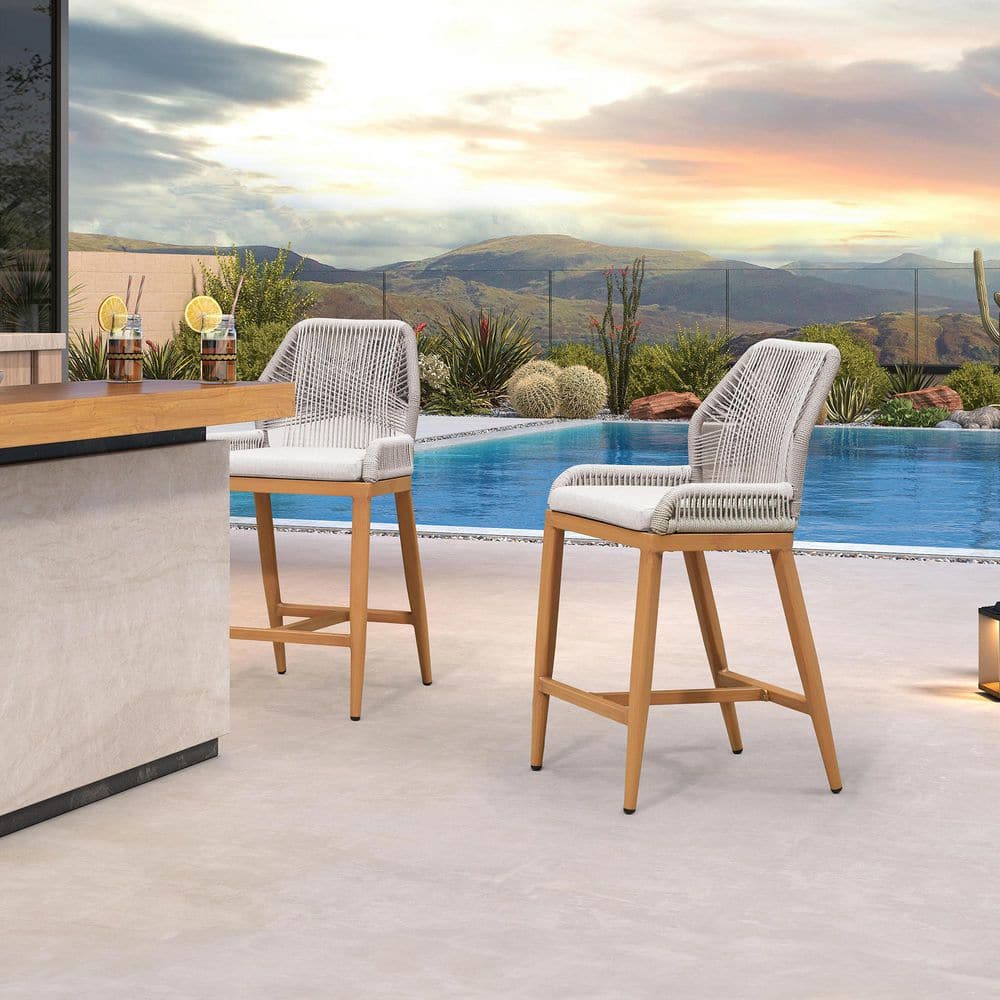 Modern Aluminum Twill Wicker Woven Counter Height Outdoor Bar Stool with Back and Beige Cushion, Teak (2-Pack) price history on PriceWatchPro