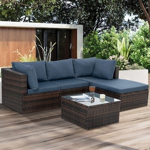 Brown 5-Piece Wicker Outdoor Sectional Set with Navy Blue Cushions and Tempered Glass Coffee Table