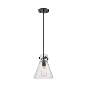 Newton Cone 100-Watt 1 Light Matte Black Shaded Pendant Light with Seeded glass Seeded Glass Shade