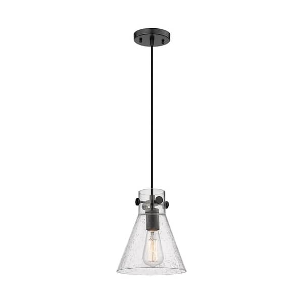 Innovations Newton Cone 100-Watt 1 Light Matte Black Shaded Pendant Light with Seeded glass Seeded Glass Shade