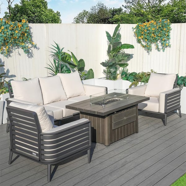 DIRECT WICKER Mailbox Grey 4-Piece Aluminum Patio Conversation Set with Beige Cushions, Fire Pit Table