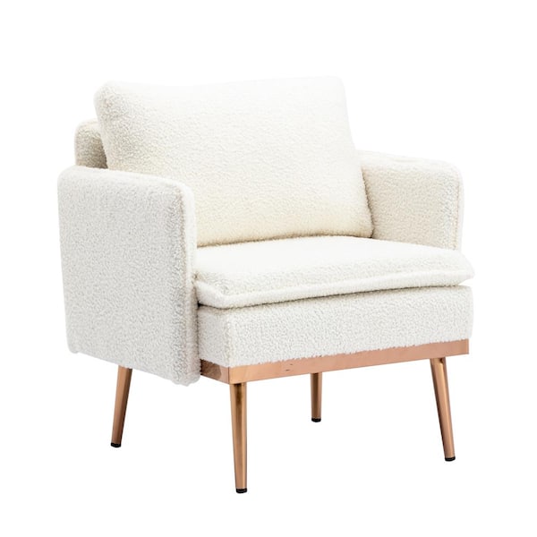 Kahomvis White Teddy Polyester Accent Arm Chair with Polished Rose Golden Iron Legs (Set of 1)