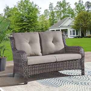 Carolina Brown Wicker Outdoor Loveseat with CushionGuard Gray Cushions