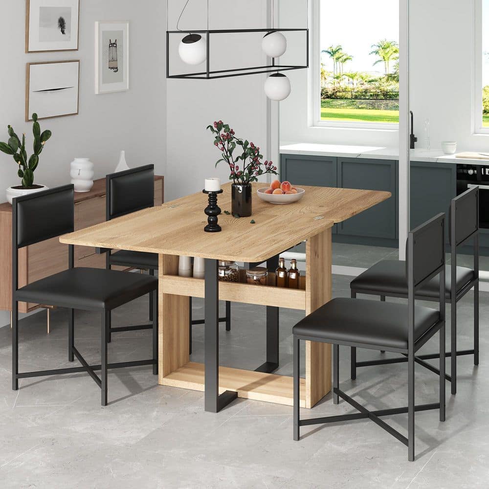 Modern 5-Piece Extendable Square Wood Top Dining Table Set with Storage Rack and 4-Dining Chairs, Black/Natural