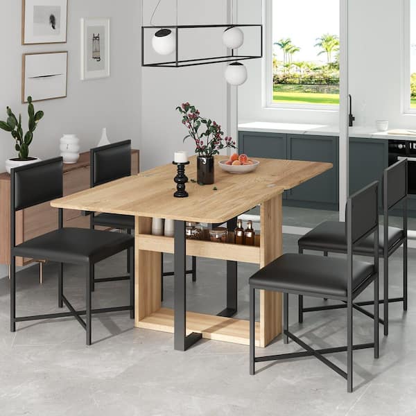 Polibi Modern 5-Piece Extendable Square Wood Top Dining Table Set with Storage Rack and 4-Dining Chairs, Black/Natural