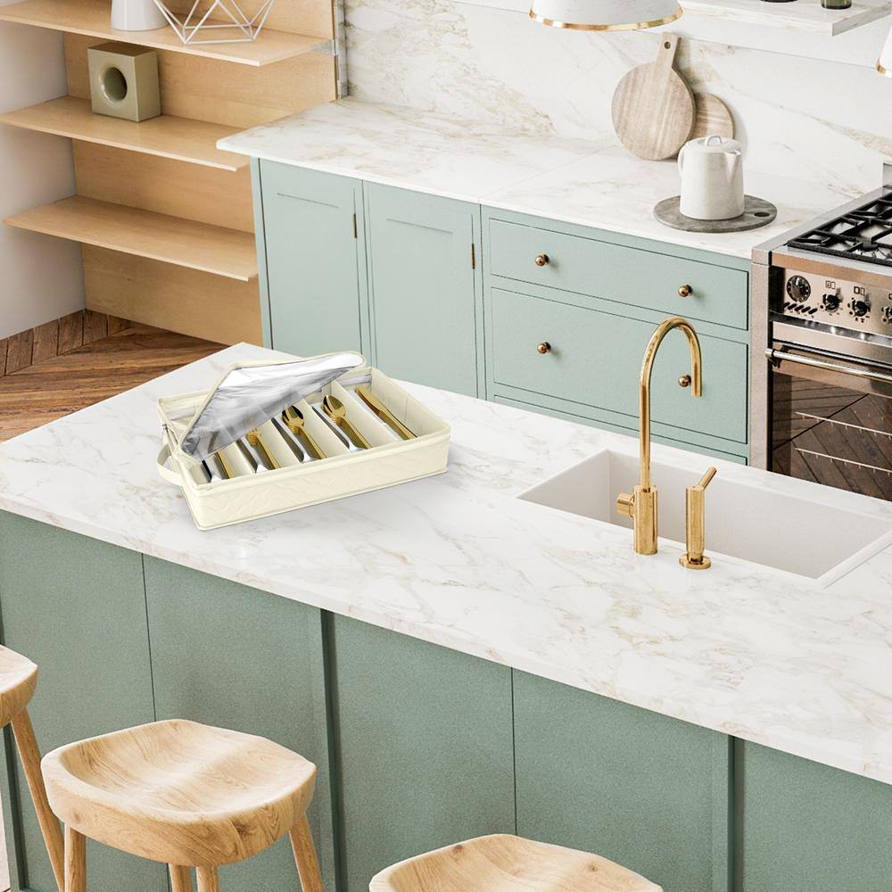 Beige Quilted Flatware Storage Chest with Clear Lid