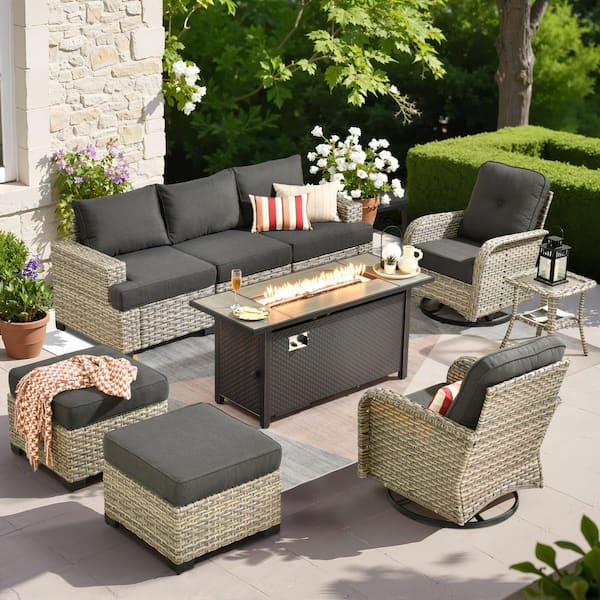 OVIOS Tiberty Gray 9-Piece Wicker Patio Rectangle Fire Pit Conversation Set with Black Cushions and Swivel Chairs