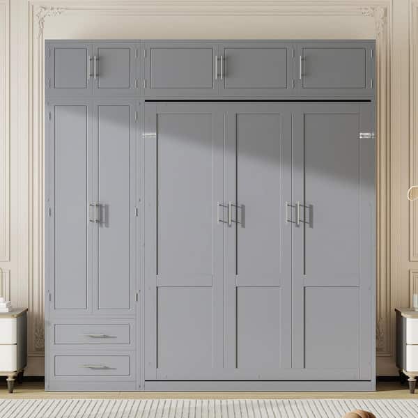 Gray Wood Frame Queen Size Murphy Bed with Top Cabinet, Shelves and Wardrobe, Space Saving Foldable Bed