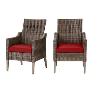 Rock Cliff Brown Wicker Outdoor Patio Stationary Dining Chair with CushionGuard Chili Red Cushions (2-Pack)