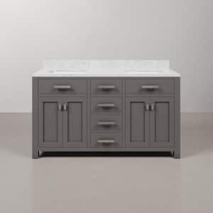 Madison 60 in. W x 21.5 in. D x 34 in. H Double Sink Bath Vanity in Cashmere Grey with Carrara White Marble Top