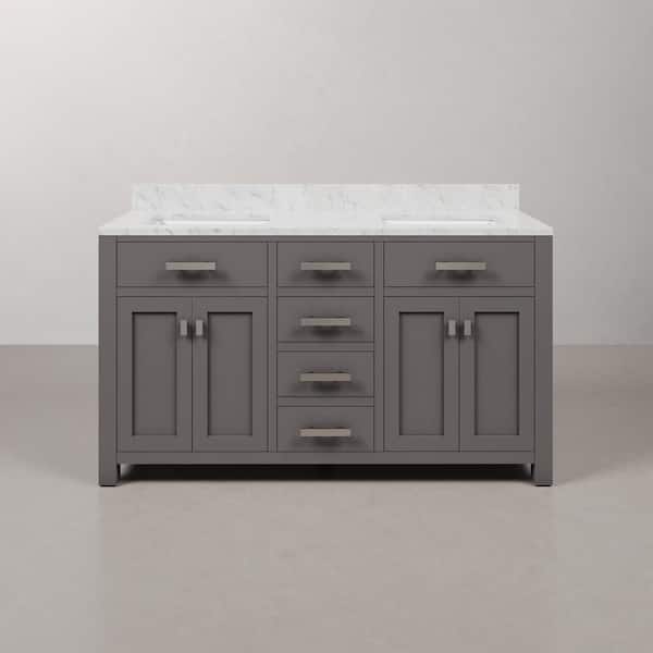 Madison 60 in. W x 21.5 in. D x 34 in. H Double Sink Bath Vanity in Cashmere Grey with Carrara White Marble Top