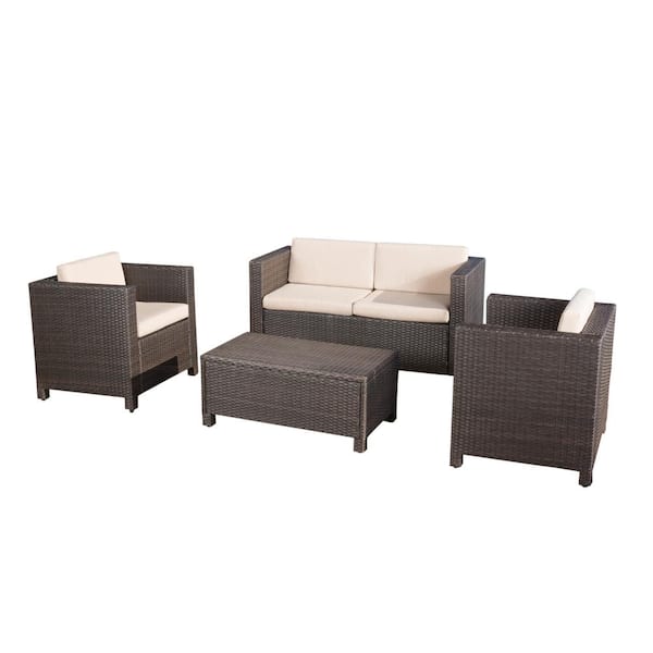 Puerta Dark Brown 4-Piece Faux Rattan Outdoor Patio Conversation Set with Beige Cushions