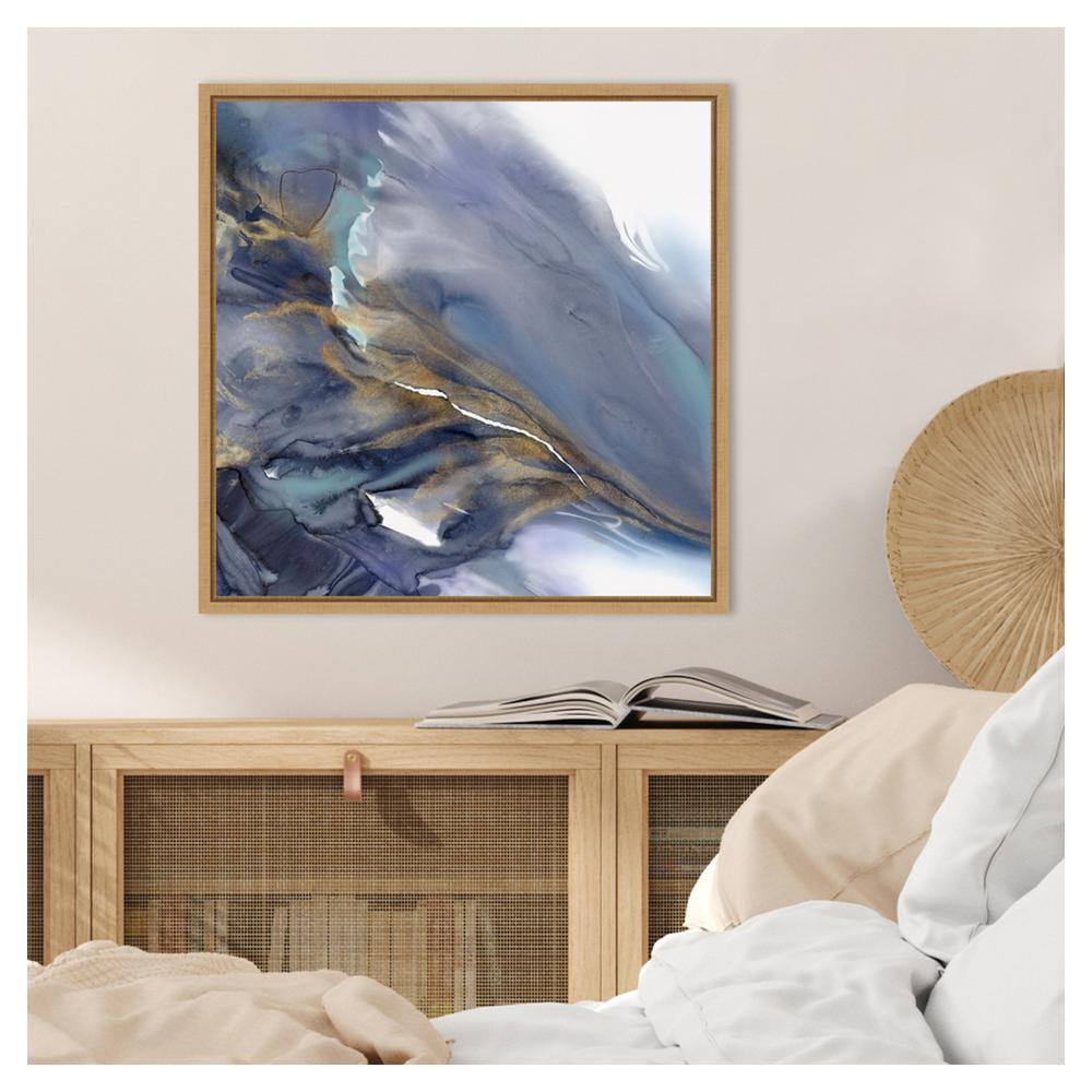 Water Wonder Abstract Blue and Gold Canvas Art with Maple Frame