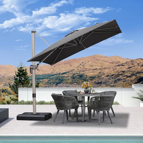 PURPLE LEAF 8 ft. Square Outdoor Patio Cantilever Umbrella Light Champagne Aluminum Offset 360° Rotation Umbrella with Base, Gray