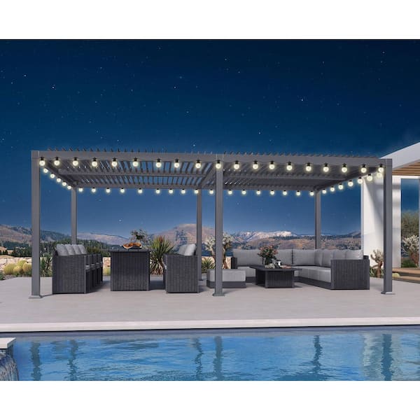 13.1 ft. x 19.8 ft. Gray Aluminum Outdoor Louvered Pergola with 4-Individual Adjustable Roofs and Solar String Lights