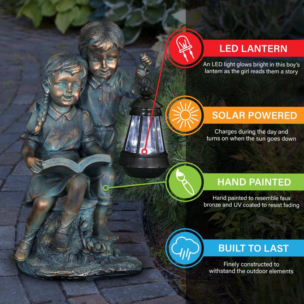 Solar Faux Bronze Girl and Boy Garden Statue with LED Lantern