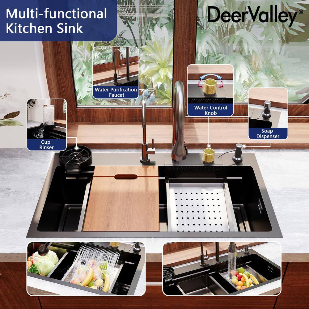 32" Black Stainless Steel Drop-In Single Bowl Kitchen Sink Workstation